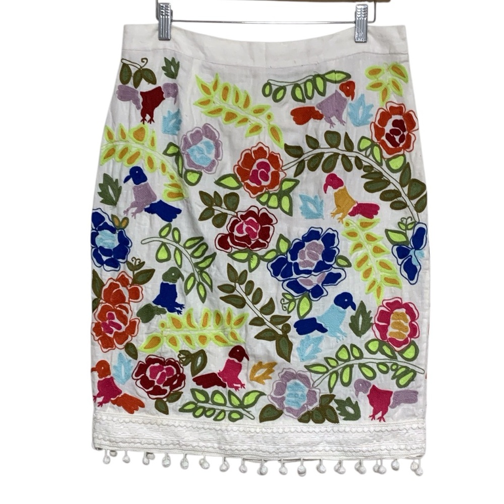 Anthropologie Moulinette Soeurs La Fiesta Embroidered Pom Pom Pencil Skirt - Picture 3 of 12